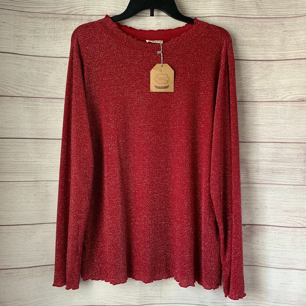 Kori Red Sparkly Long Sleeve Top with Silver Metallic Thread Scalloped Neck 1XL